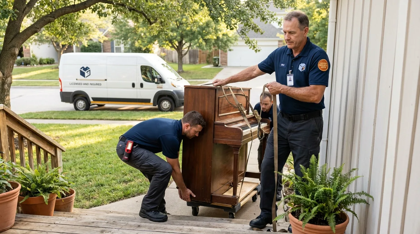 Licensed piano movers securing grand piano in Mill Hall, PA