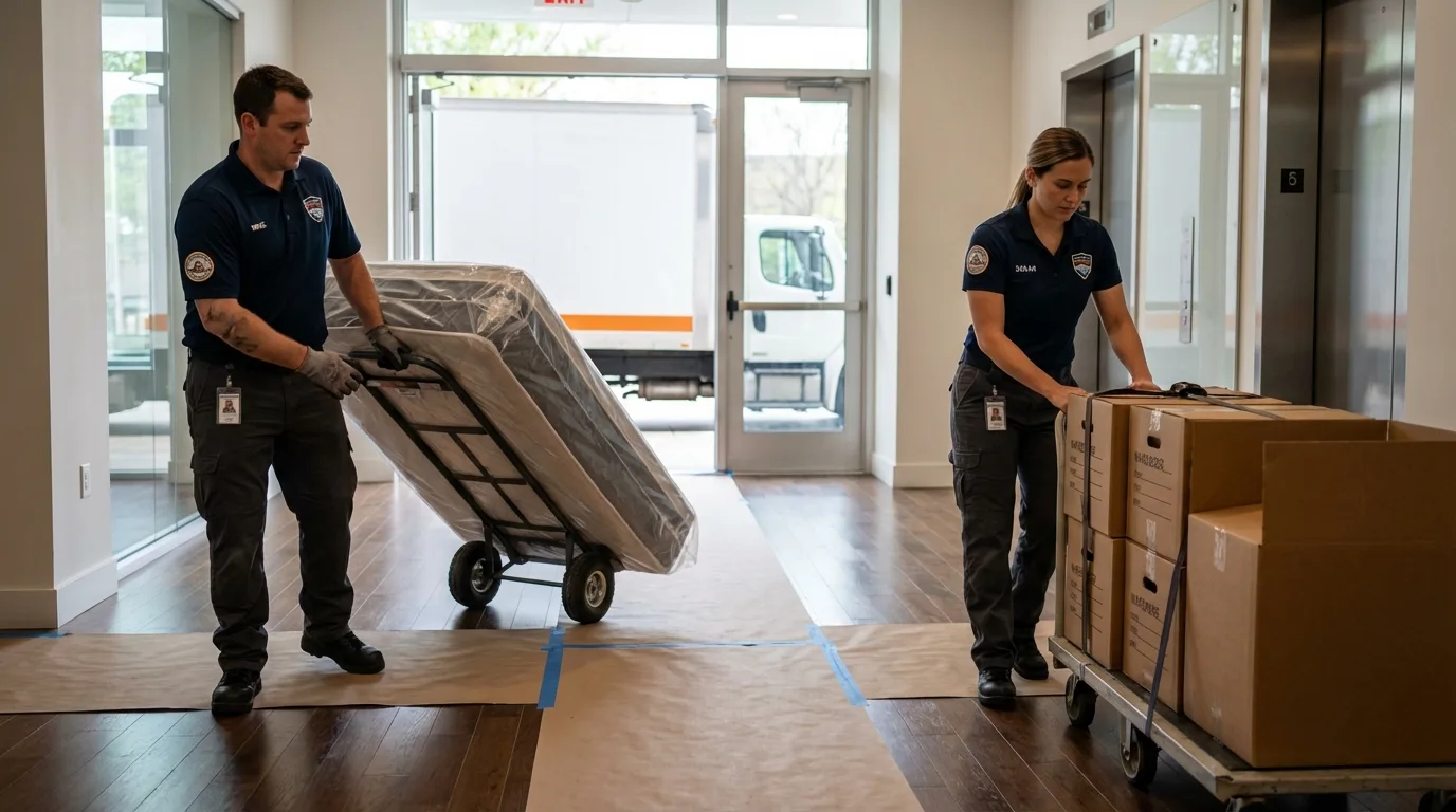Professional apartment movers loading elevator in Mill Hall, PA
